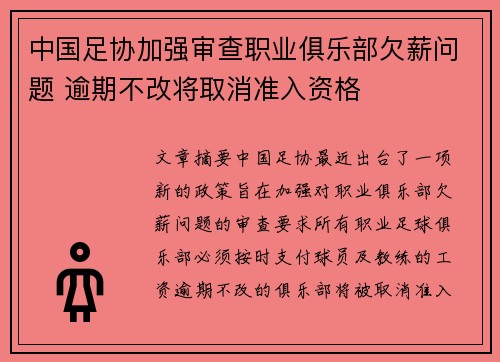 中国足协加强审查职业俱乐部欠薪问题 逾期不改将取消准入资格