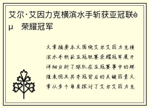 艾尔·艾因力克横滨水手斩获亚冠联赛荣耀冠军