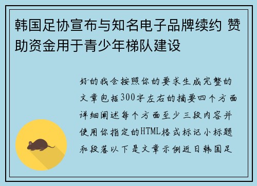韩国足协宣布与知名电子品牌续约 赞助资金用于青少年梯队建设